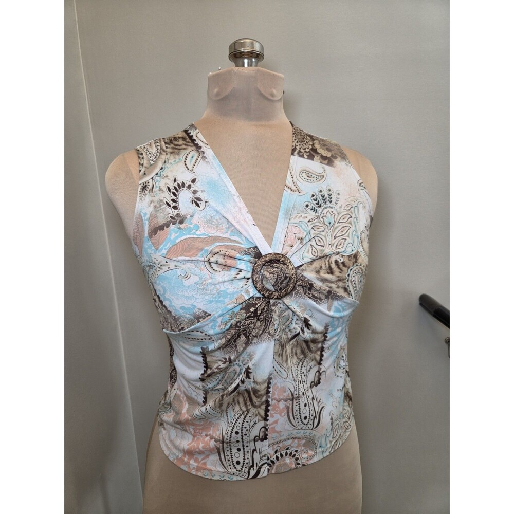 Vtg Y2K/2000s Brown & Blue Paisley O-Ring Sleeveless Tank Top Whimsygoth Fairy